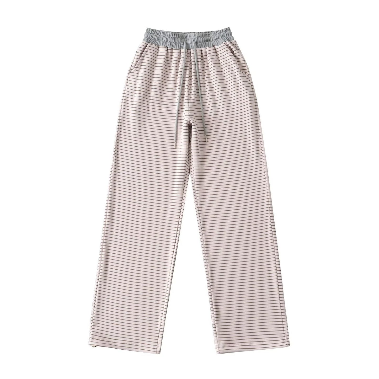 Derong lazy style contrasting striped high waisted wide leg pants
