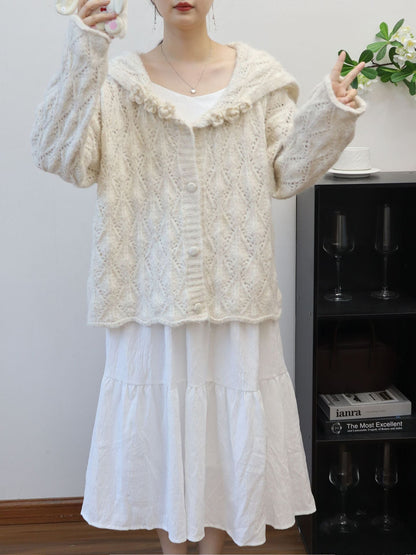 Hollow-out Three-dimensional Flower Collar Knit Cardigan Version Loose Soft Sweater Jacket for Women