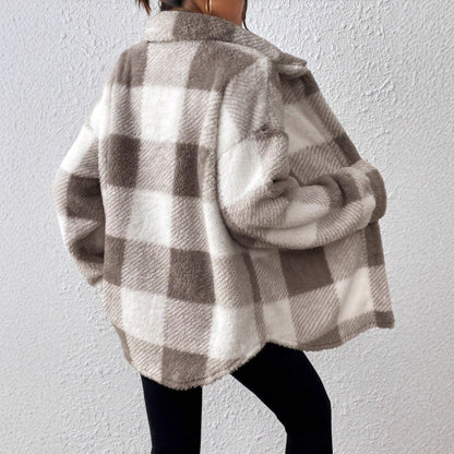 Ladies' casual plaid plush button front jacket